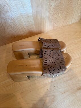 Anthropologie Brown Laser-Cut Clog Slides